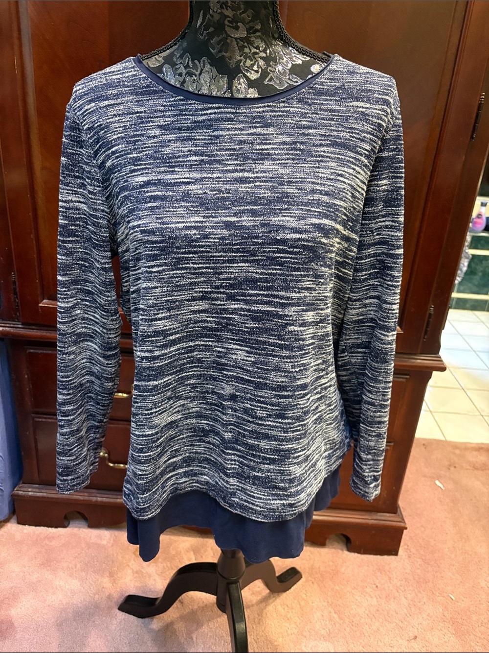 Christopher & Banks Navy Space-Dye Layered Hem Long Sleeve Top